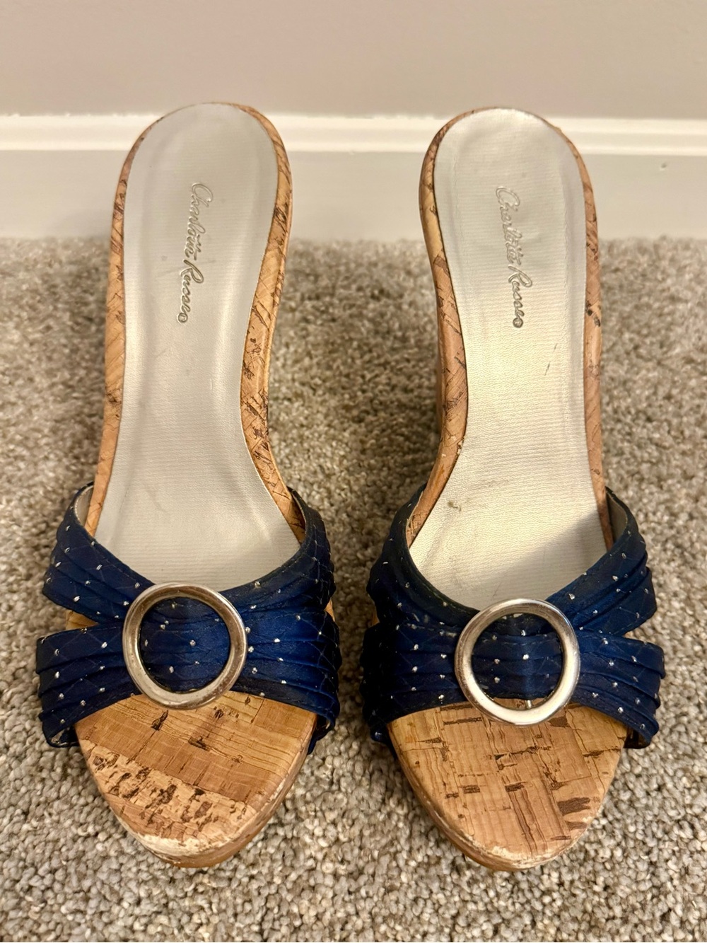 Cork Wedge Slide Sandals with Navy Criss Cross Strap
